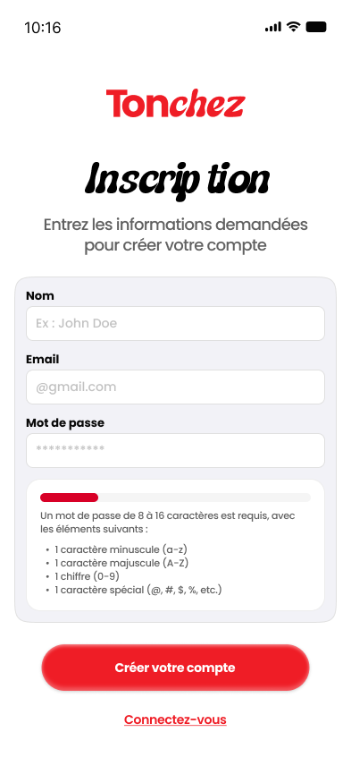 Écran d'inscription Tonchez