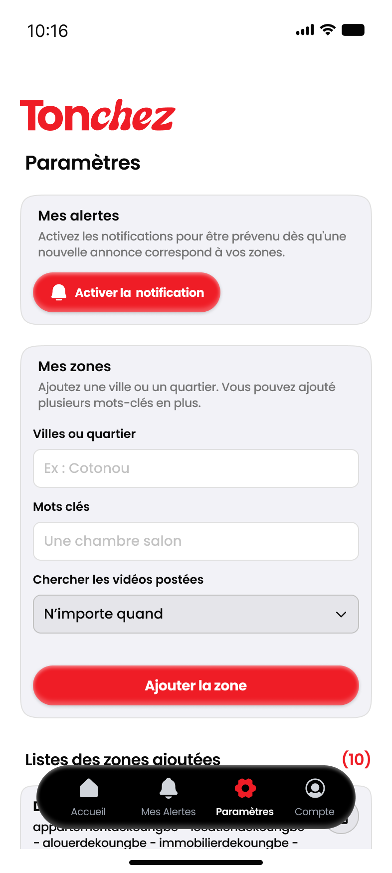 Écran de configuration de zone Tonchez